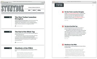 Side-by-side screenshots of the old and new stuntbox.com designs